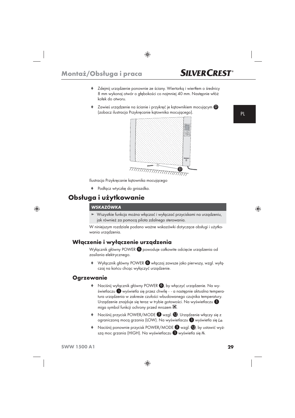 Montaż/obsługa i praca, Obsługa i użytkowanie, Włączenie i wyłączenie urządzenia | Ogrzewanie | Silvercrest SWW 1500 A1 User Manual | Page 31 / 128