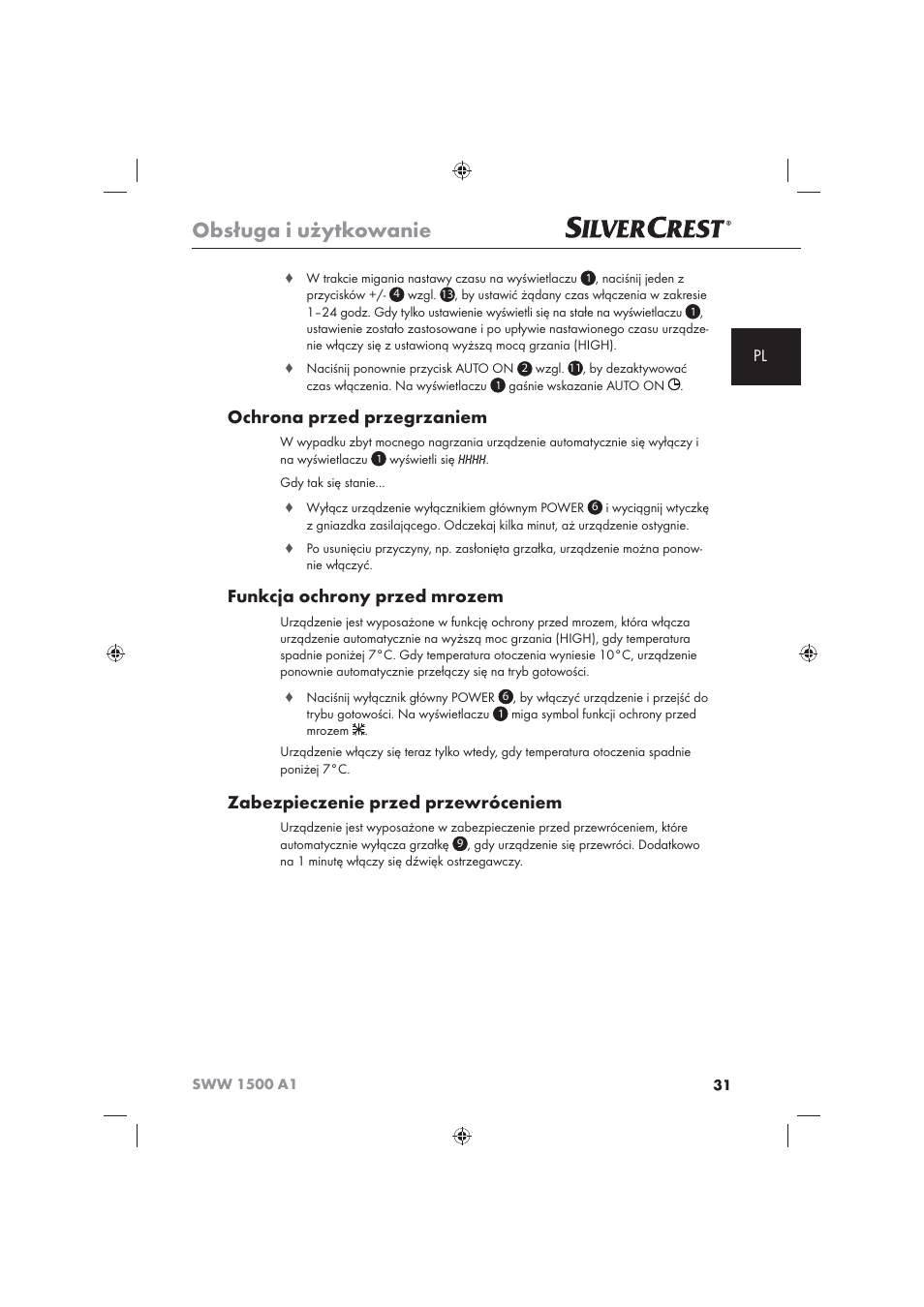 Obsługa i użytkowanie, Ochrona przed przegrzaniem, Funkcja ochrony przed mrozem | Zabezpieczenie przed przewróceniem | Silvercrest SWW 1500 A1 User Manual | Page 33 / 128