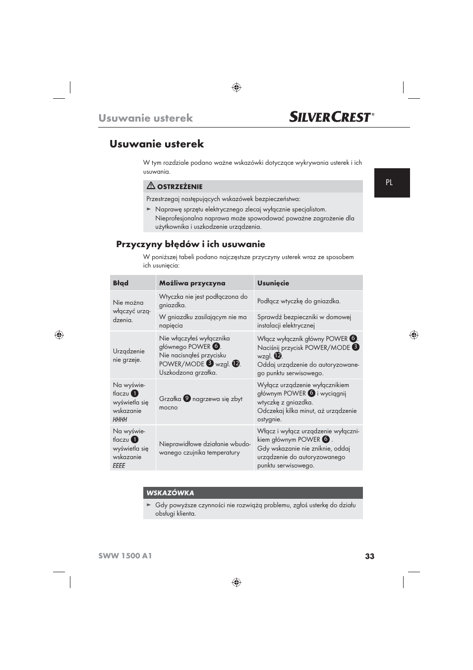 Usuwanie usterek, Przyczyny błędów i ich usuwanie | Silvercrest SWW 1500 A1 User Manual | Page 35 / 128