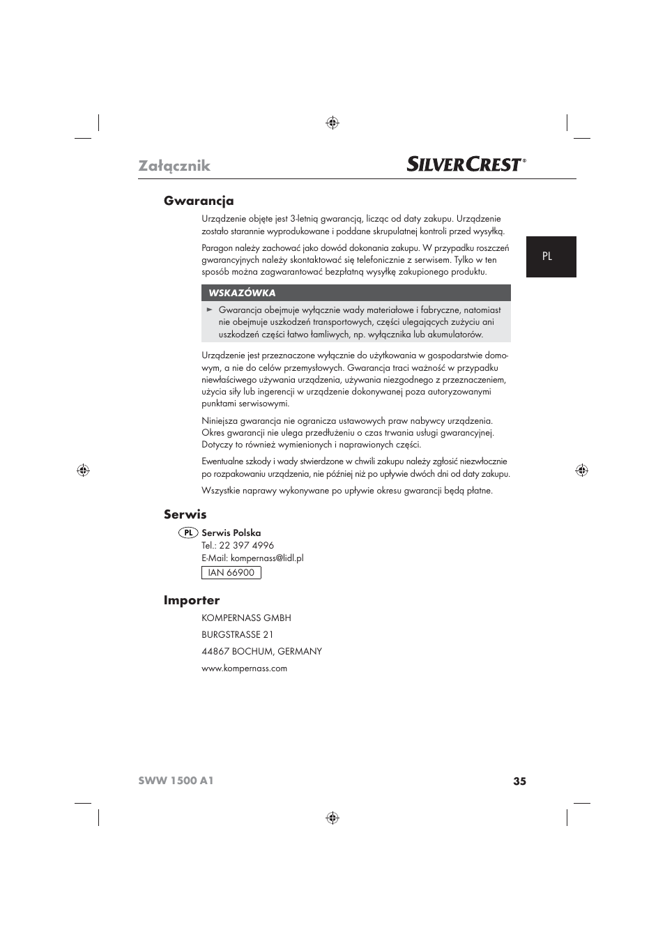 Załącznik, Gwarancja, Serwis | Importer | Silvercrest SWW 1500 A1 User Manual | Page 37 / 128