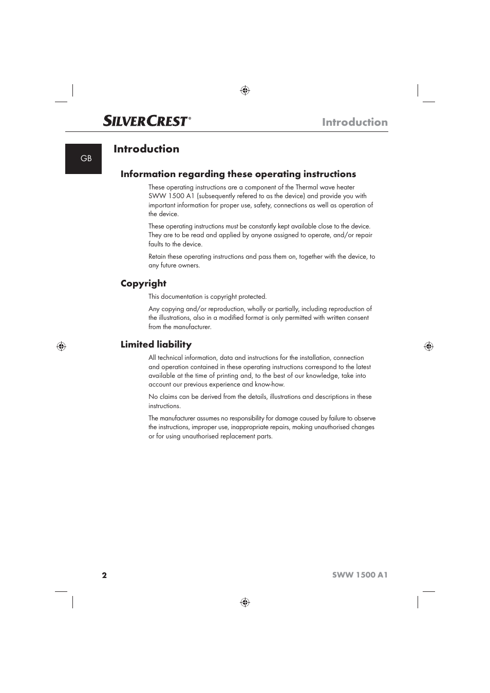 Introduction, Information regarding these operating instructions, Copyright | Limited liability | Silvercrest SWW 1500 A1 User Manual | Page 4 / 128