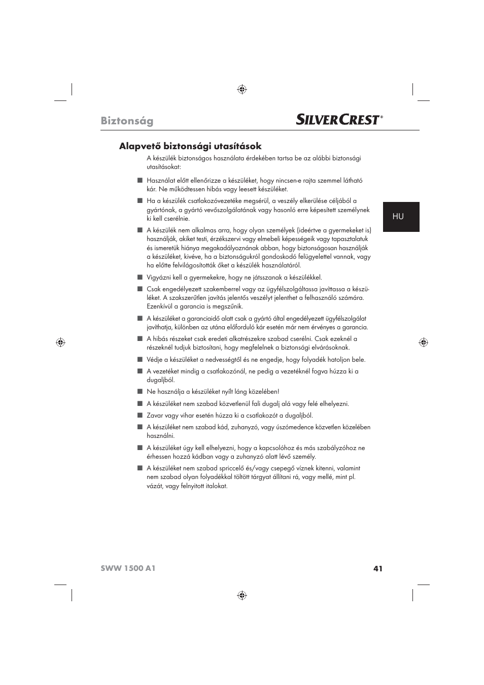Biztonság, Alapvető biztonsági utasítások | Silvercrest SWW 1500 A1 User Manual | Page 43 / 128