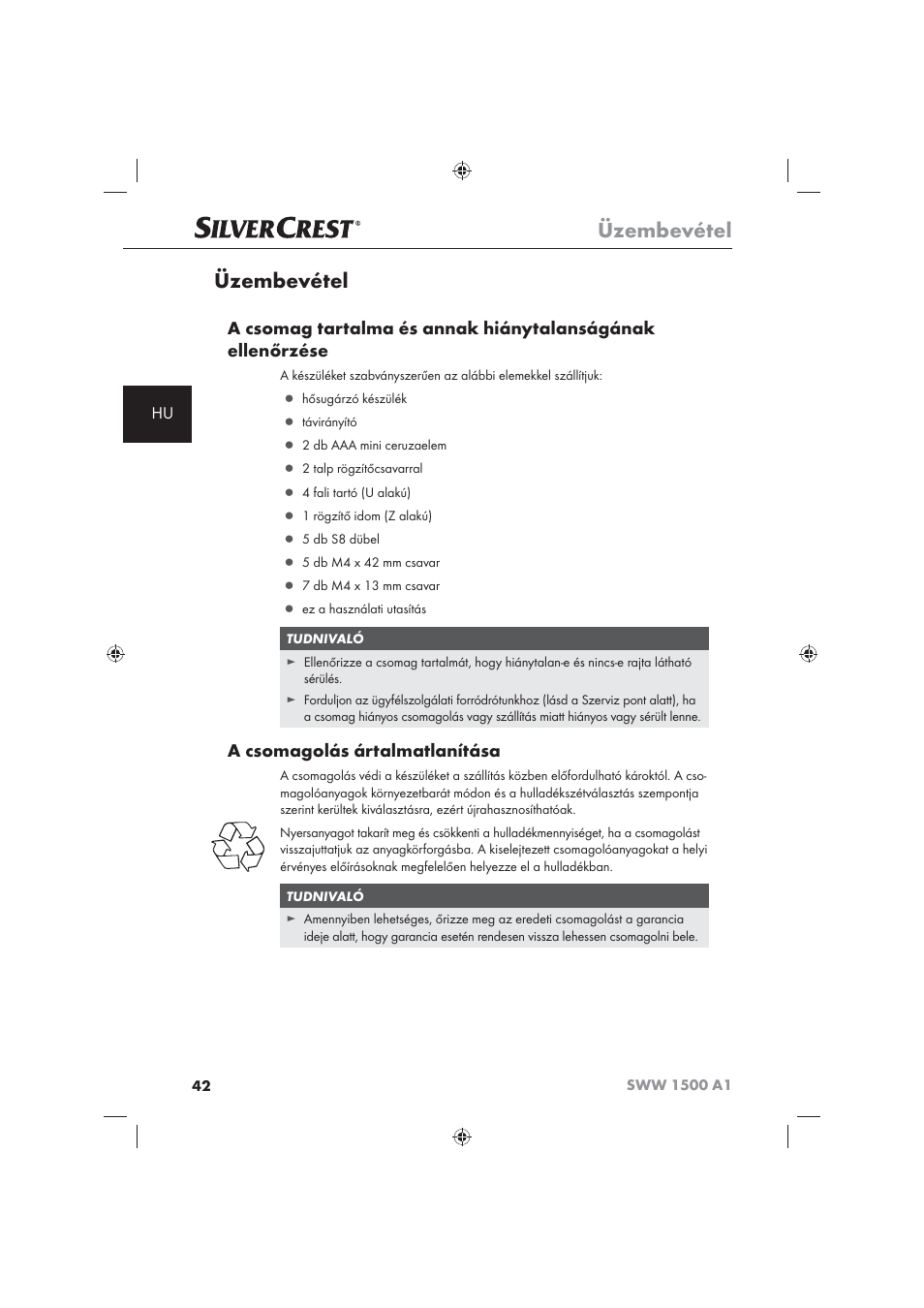 Üzembevétel, A csomagolás ártalmatlanítása | Silvercrest SWW 1500 A1 User Manual | Page 44 / 128