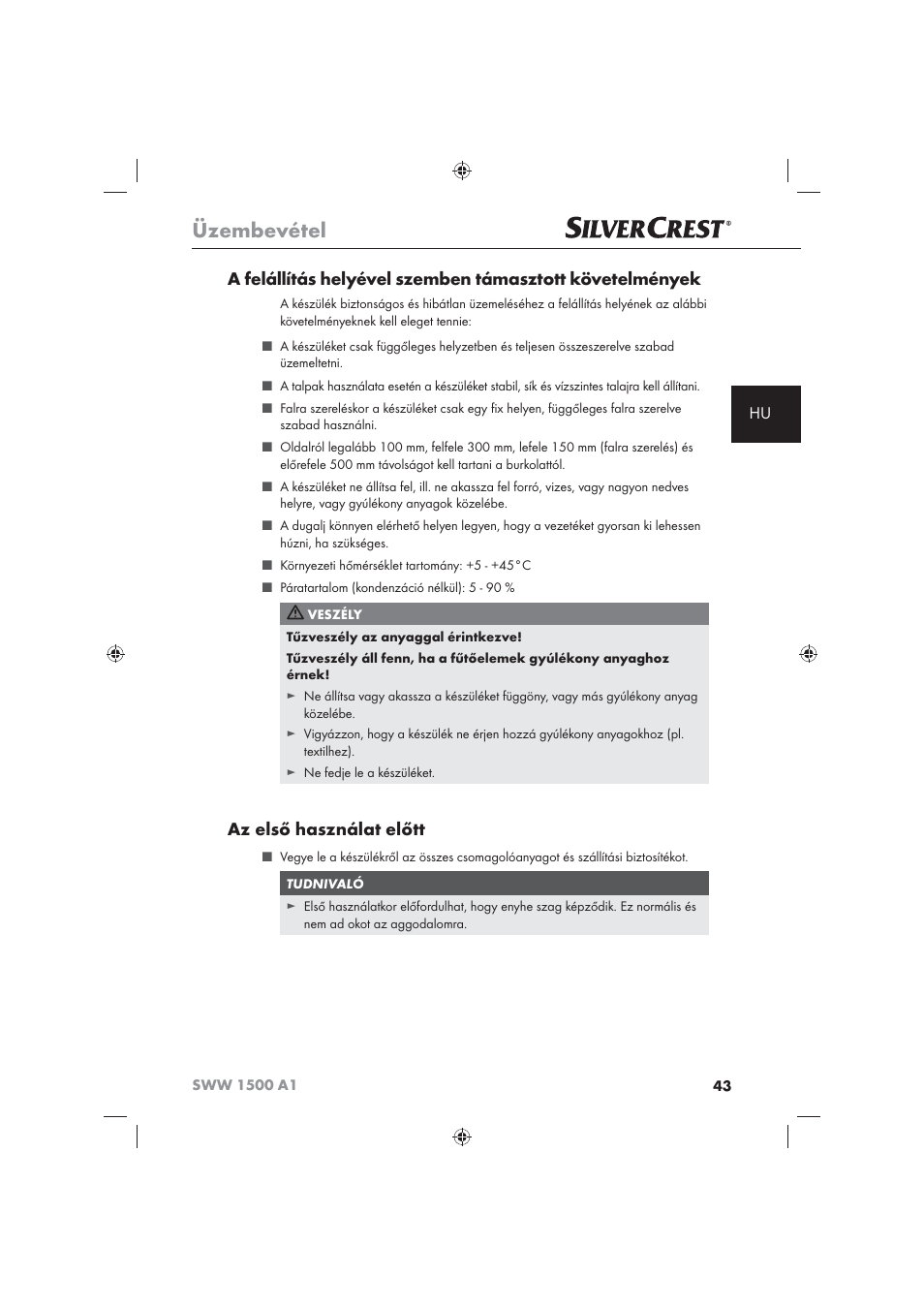 Üzembevétel, Az első használat előtt | Silvercrest SWW 1500 A1 User Manual | Page 45 / 128