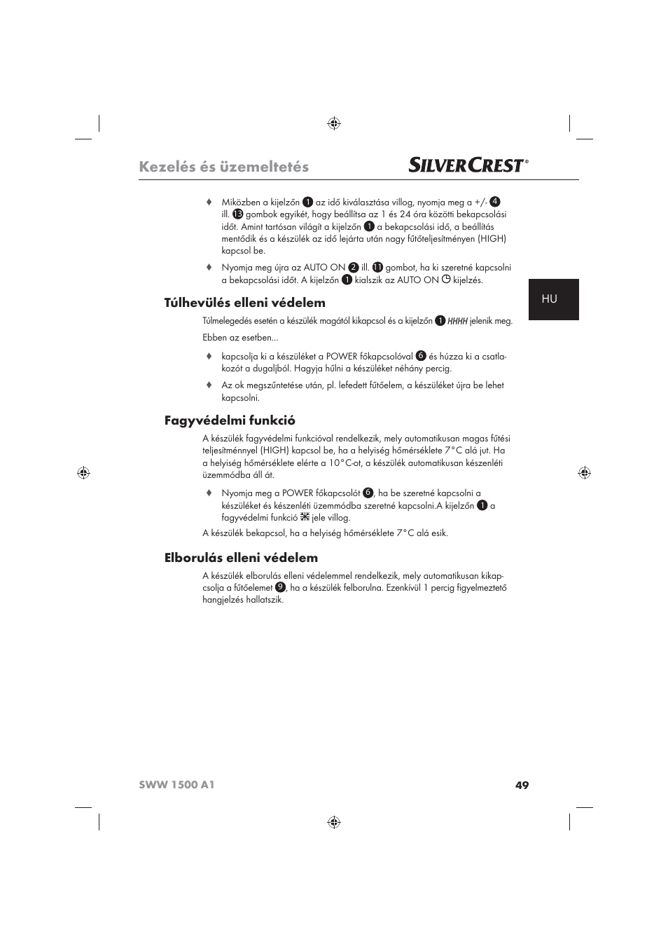 Kezelés és üzemeltetés, Túlhevülés elleni védelem, Fagyvédelmi funkció | Elborulás elleni védelem | Silvercrest SWW 1500 A1 User Manual | Page 51 / 128