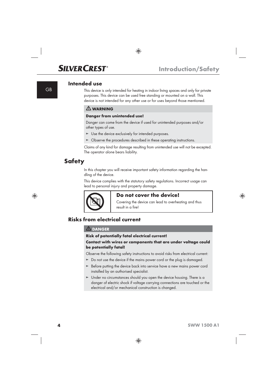 Introduction/safety, Safety, Intended use | Do not cover the device, Risks from electrical current | Silvercrest SWW 1500 A1 User Manual | Page 6 / 128