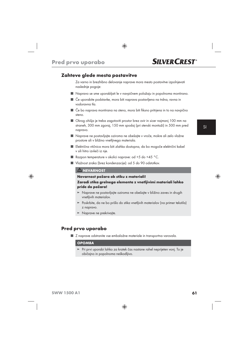 Pred prvo uporabo, Zahteve glede mesta postavitve | Silvercrest SWW 1500 A1 User Manual | Page 63 / 128
