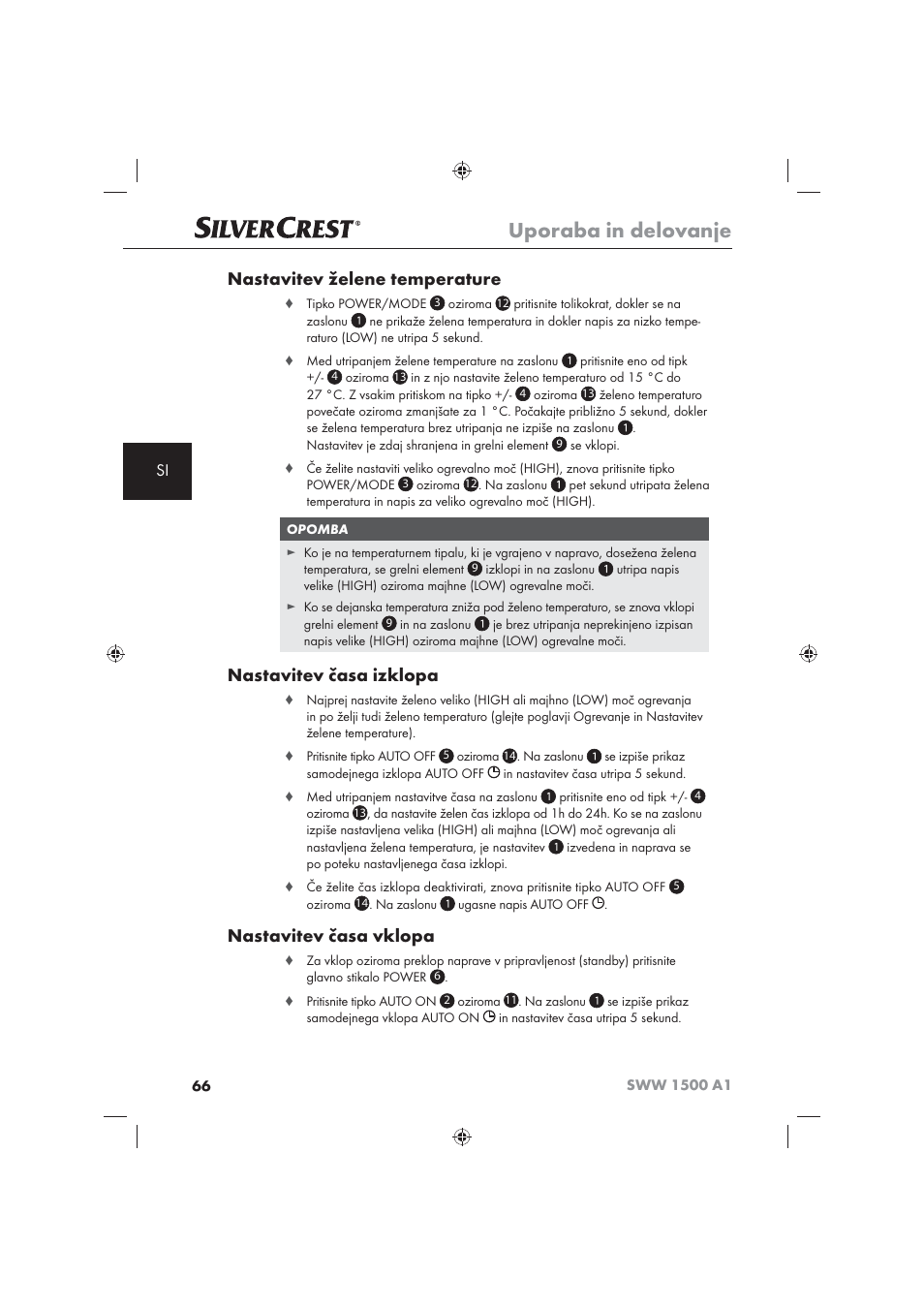 Uporaba in delovanje, Nastavitev želene temperature, Nastavitev časa izklopa | Nastavitev časa vklopa | Silvercrest SWW 1500 A1 User Manual | Page 68 / 128
