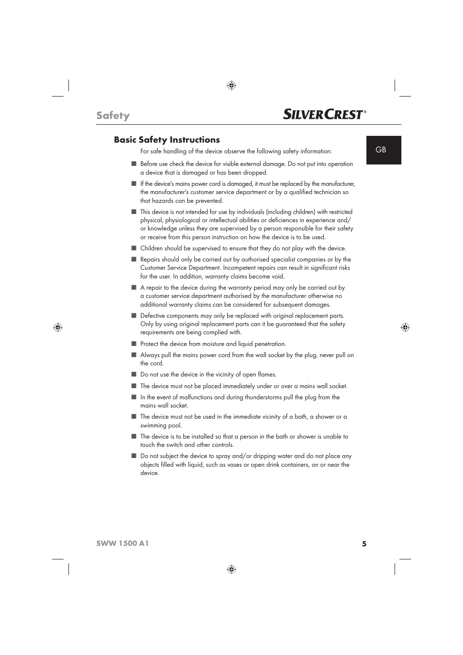 Safety, Basic safety instructions | Silvercrest SWW 1500 A1 User Manual | Page 7 / 128