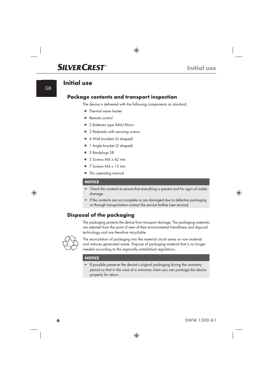 Initial use, Package contents and transport inspection, Disposal of the packaging | Silvercrest SWW 1500 A1 User Manual | Page 8 / 128