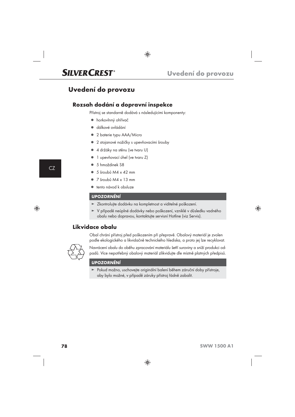Uvedení do provozu, Rozsah dodání a dopravní inspekce, Likvidace obalu | Silvercrest SWW 1500 A1 User Manual | Page 80 / 128