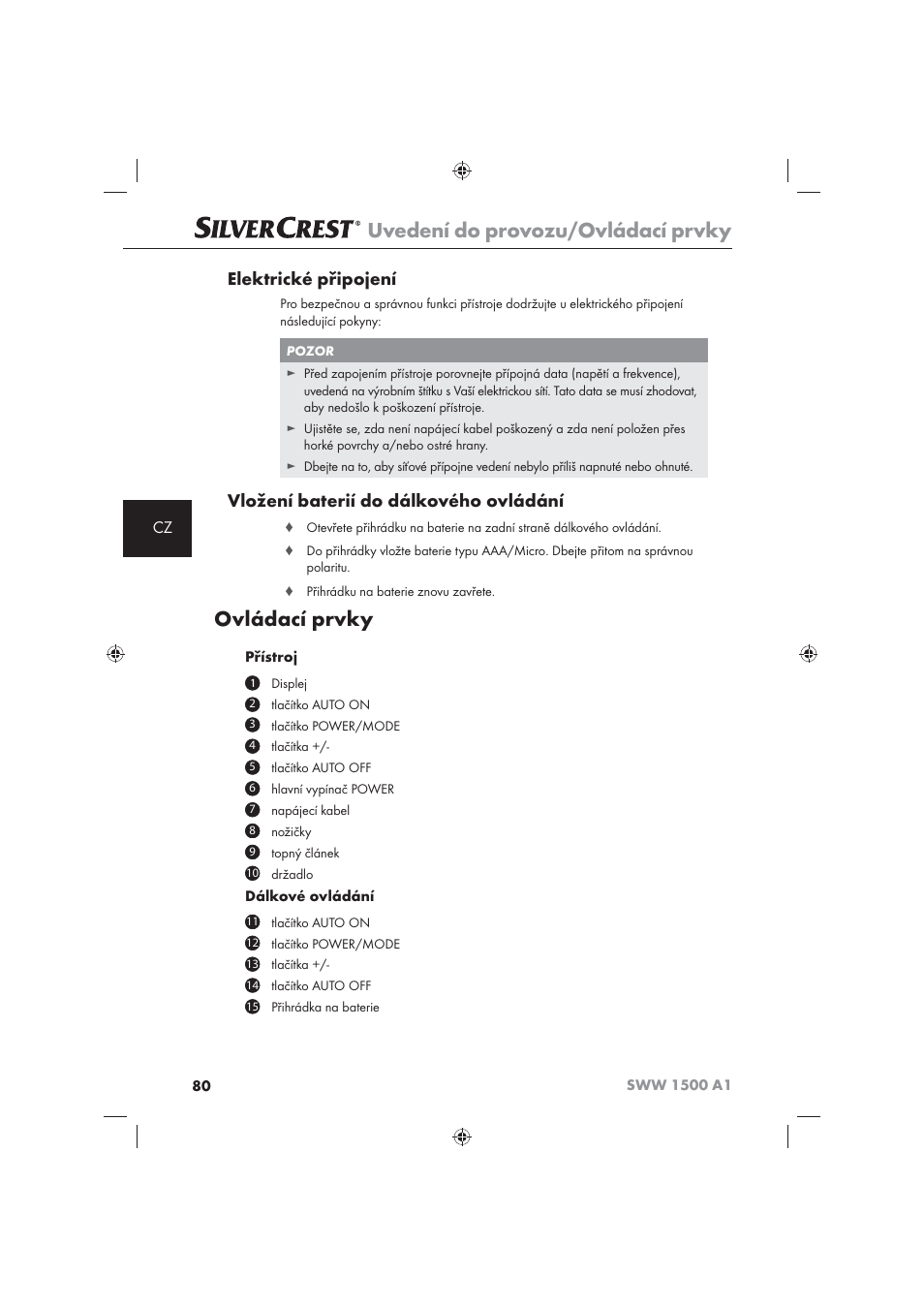 Uvedení do provozu/ovládací prvky, Ovládací prvky, Elektrické připojení | Vložení baterií do dálkového ovládání | Silvercrest SWW 1500 A1 User Manual | Page 82 / 128