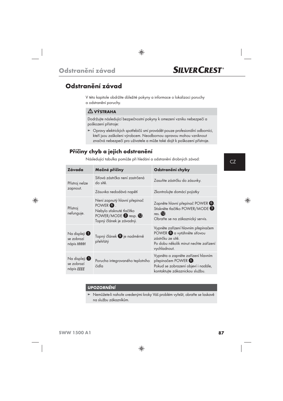 Odstranění závad, Příčiny chyb a jejich odstranění | Silvercrest SWW 1500 A1 User Manual | Page 89 / 128