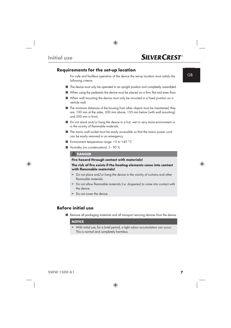 Initial use, Requirements for the set-up location, Before initial use | Silvercrest SWW 1500 A1 User Manual | Page 9 / 128