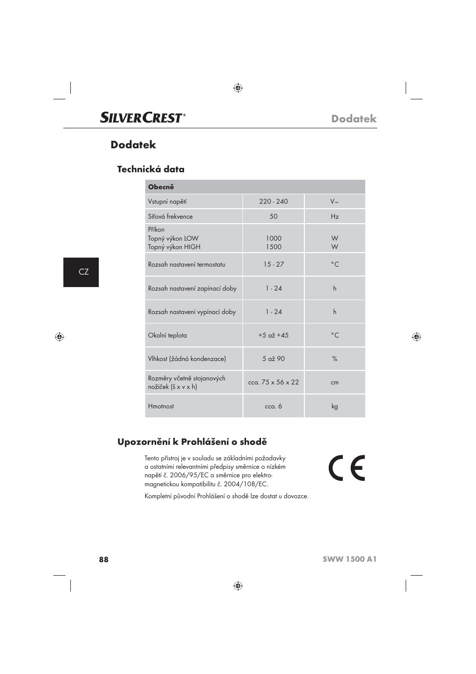 Dodatek, Technická data, Upozornění k prohlášení o shodě | Silvercrest SWW 1500 A1 User Manual | Page 90 / 128