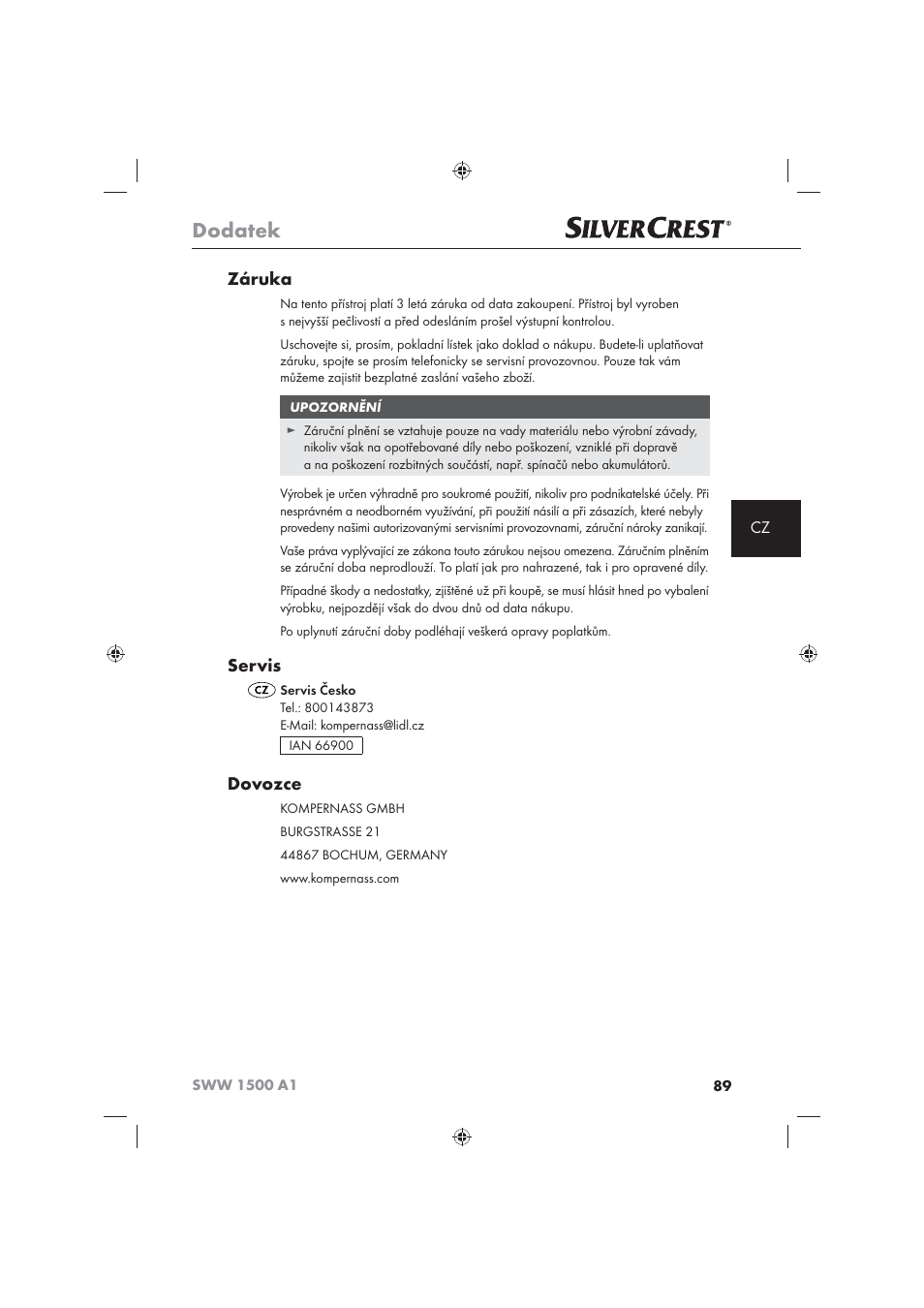 Dodatek, Záruka, Servis | Dovozce | Silvercrest SWW 1500 A1 User Manual | Page 91 / 128