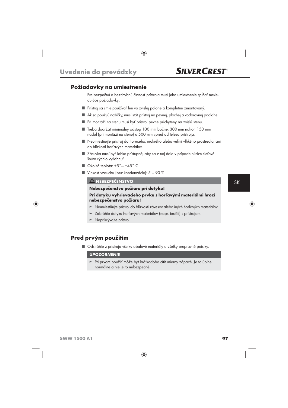 Uvedenie do prevádzky, Požiadavky na umiestnenie, Pred prvým použitím | Silvercrest SWW 1500 A1 User Manual | Page 99 / 128