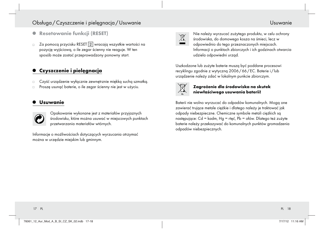 Usuwanie, Obsługa / czyszczenie i pielęgnacja / usuwanie, Resetowanie funkcji (reset) | Czyszczenie i pielęgnacja | Silvercrest Z30312A Z30312B User Manual | Page 10 / 34