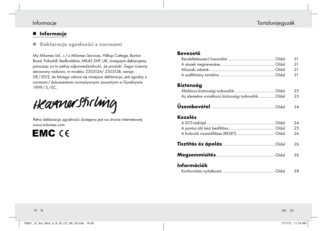 Tartalomjegyzék informacje, Informacje, Deklaracja zgodności z normami | Bevezető, Biztonság, Üzembevétel, Kezelés, Tisztítás és ápolás, Megsemmisítés, Információk | Silvercrest Z30312A Z30312B User Manual | Page 11 / 34