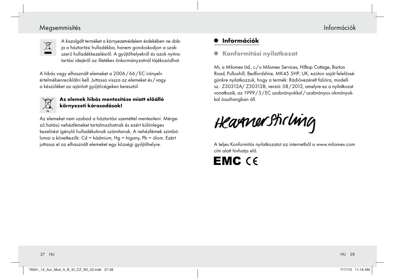 Információk, Megsemmisítés, Konformitási nyilatkozat | Silvercrest Z30312A Z30312B User Manual | Page 15 / 34