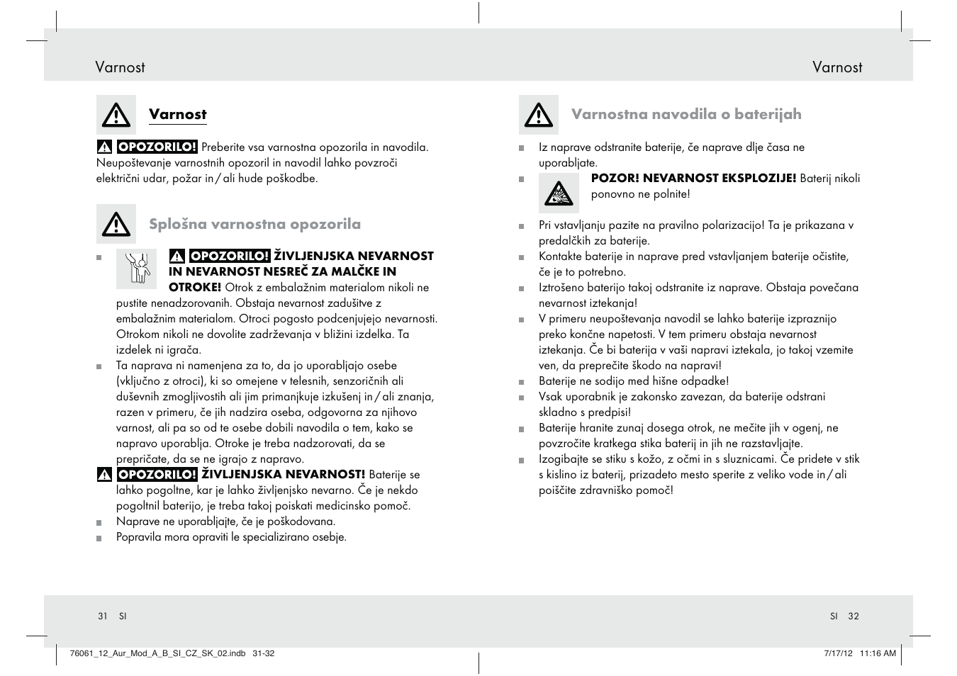 Varnost, Splošna varnostna opozorila, Varnostna navodila o baterijah | Silvercrest Z30312A Z30312B User Manual | Page 17 / 34