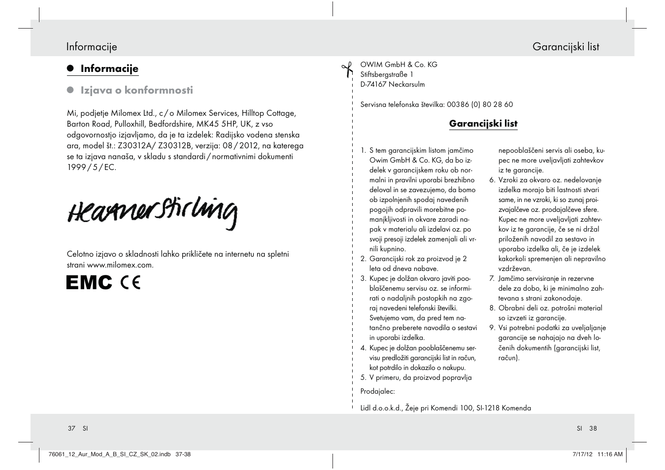 Garancijski list informacije, Informacije, Izjava o konformnosti | Silvercrest Z30312A Z30312B User Manual | Page 20 / 34