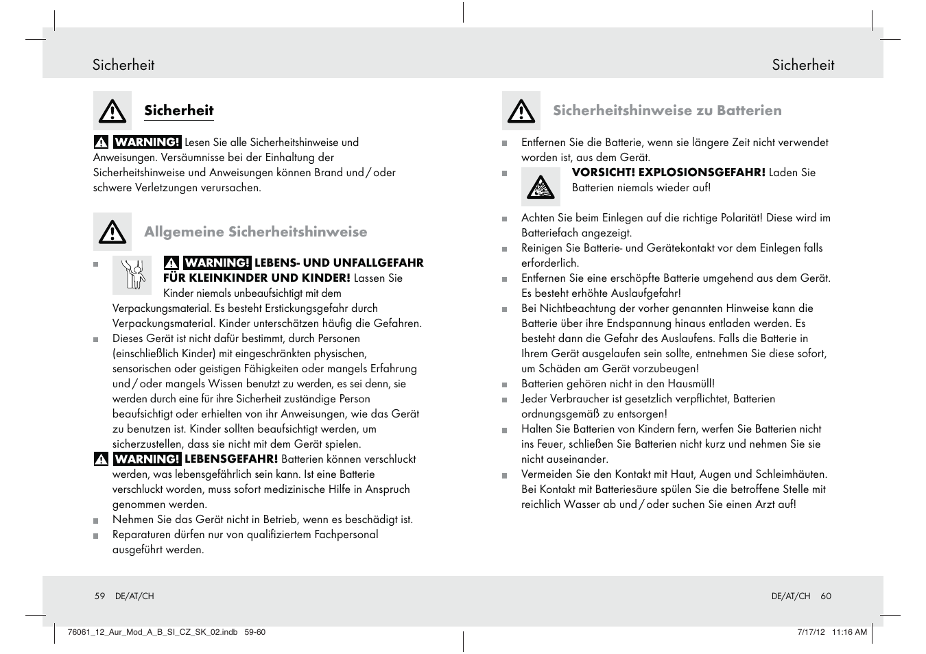 Sicherheit, Allgemeine sicherheitshinweise, Sicherheitshinweise zu batterien | Silvercrest Z30312A Z30312B User Manual | Page 31 / 34