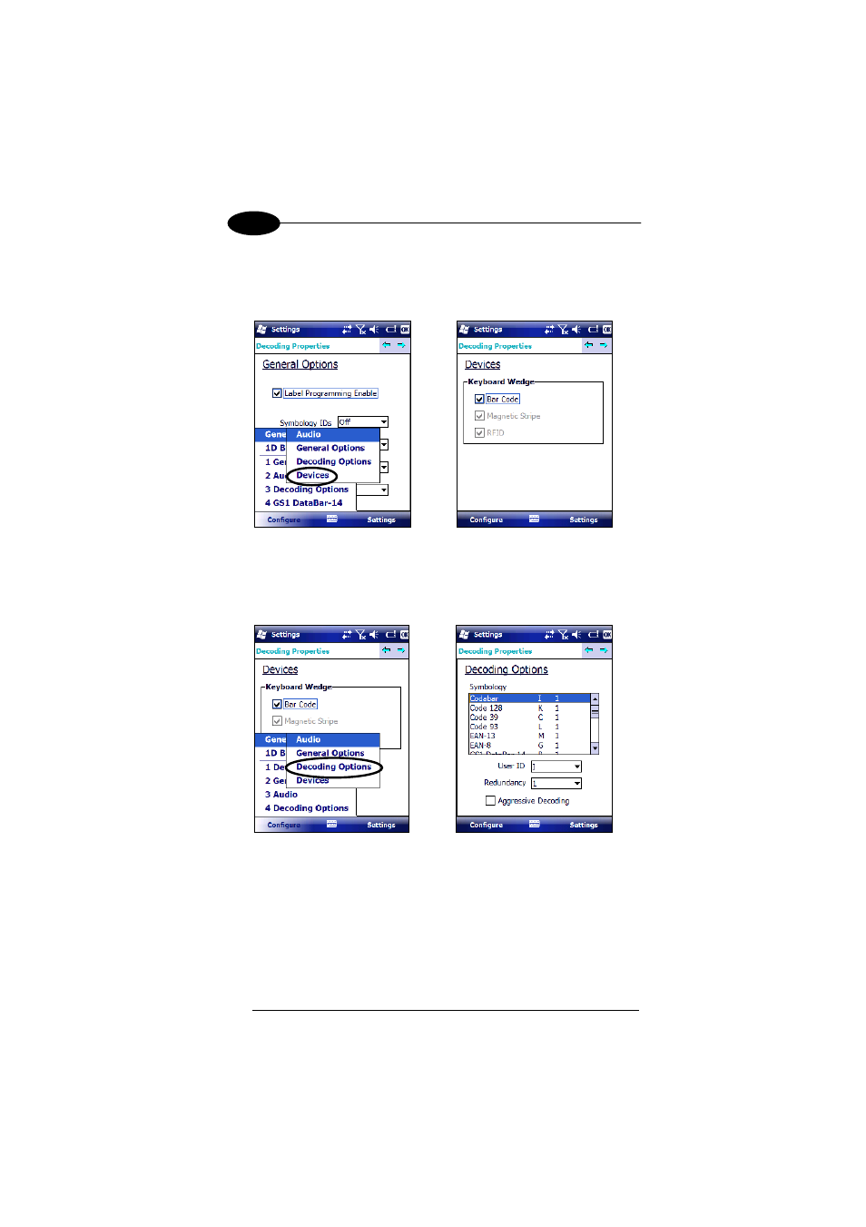 Devices, Decoding options | Datalogic Scanning 00A0LS-1N1-MEN0 User Manual | Page 54 / 111