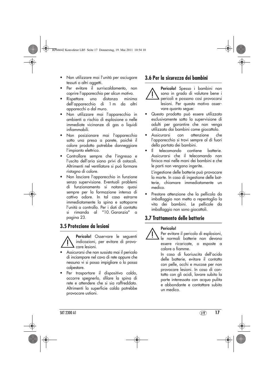 5 protezione da lesioni, 6 per la sicurezza dei bambini, 7 trattamento delle batterie | Silvercrest SKT 2300 A1 User Manual | Page 19 / 58