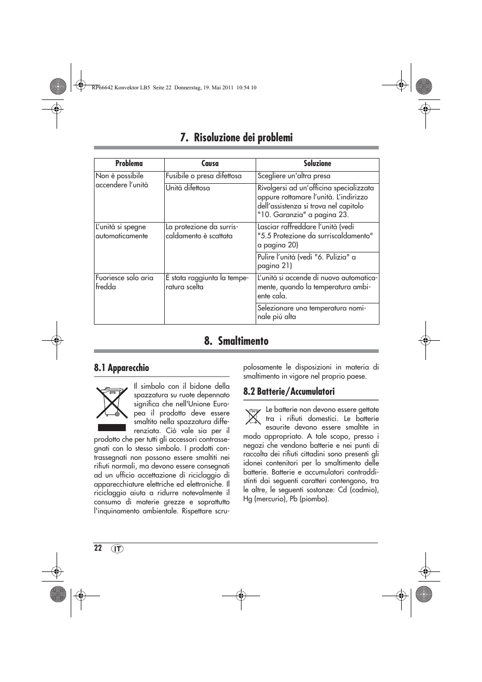 Risoluzione dei problemi 8. smaltimento, 1 apparecchio, 2 batterie/accumulatori | Silvercrest SKT 2300 A1 User Manual | Page 24 / 58