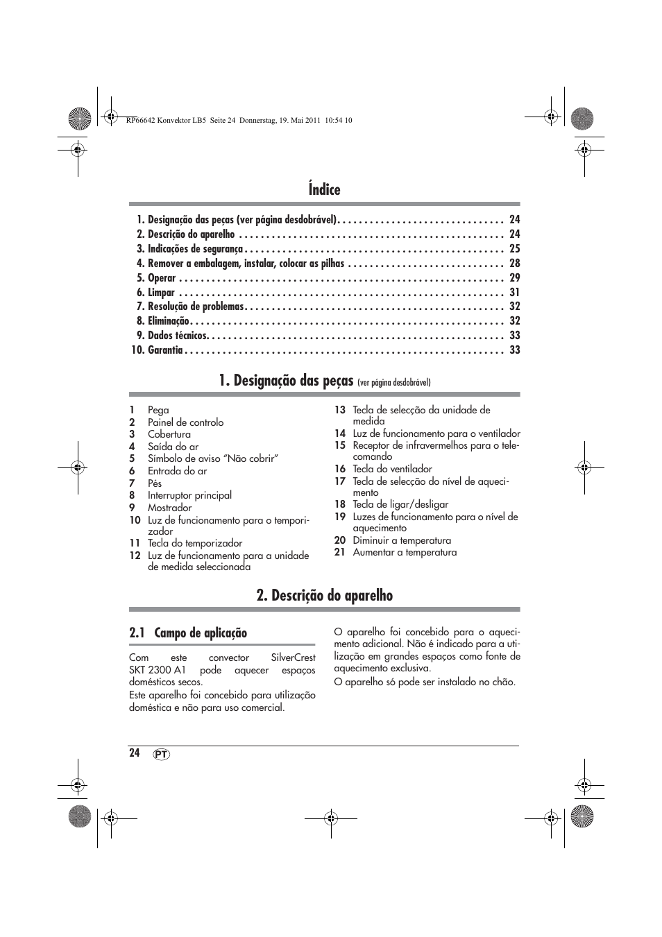Índice, Designação das peças, Descrição do aparelho | 1 campo de aplicação | Silvercrest SKT 2300 A1 User Manual | Page 26 / 58