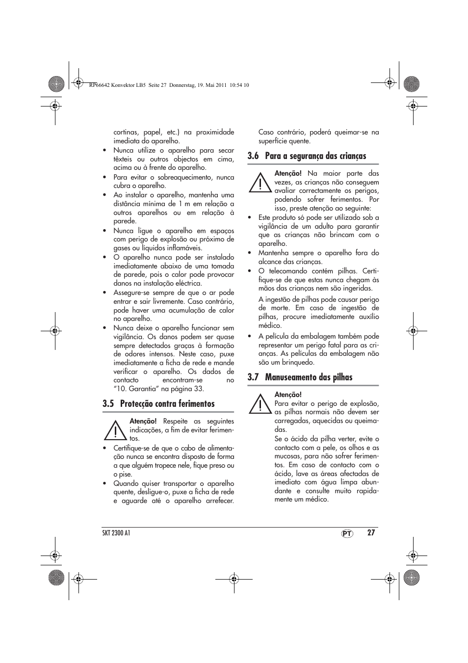 5 protecção contra ferimentos, 6 para a segurança das crianças, 7 manuseamento das pilhas | Silvercrest SKT 2300 A1 User Manual | Page 29 / 58