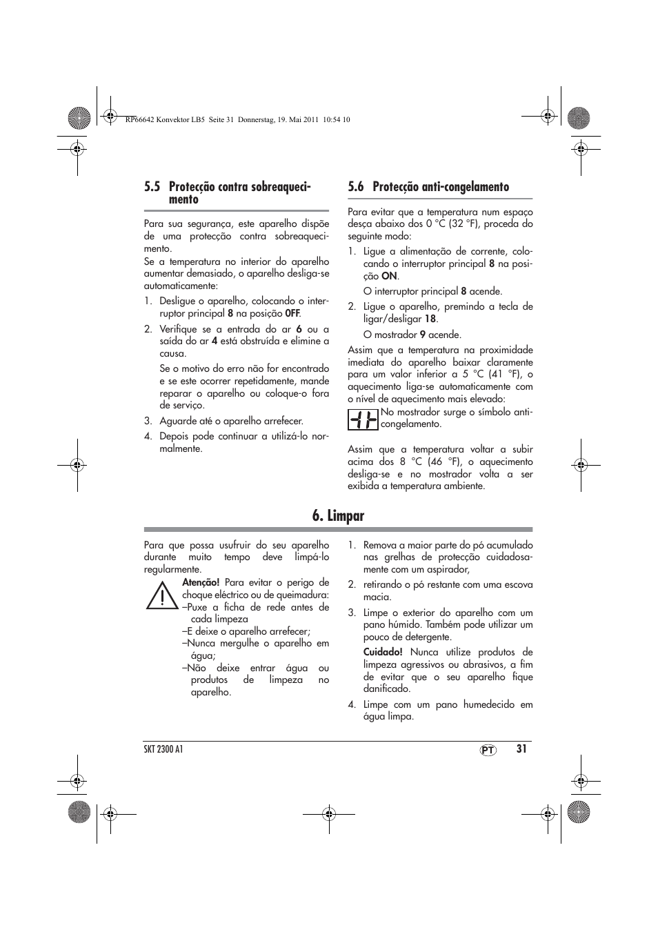 Limpar, 5 protecção contra sobreaqueci- mento, 6 protecção anti-congelamento | Silvercrest SKT 2300 A1 User Manual | Page 33 / 58