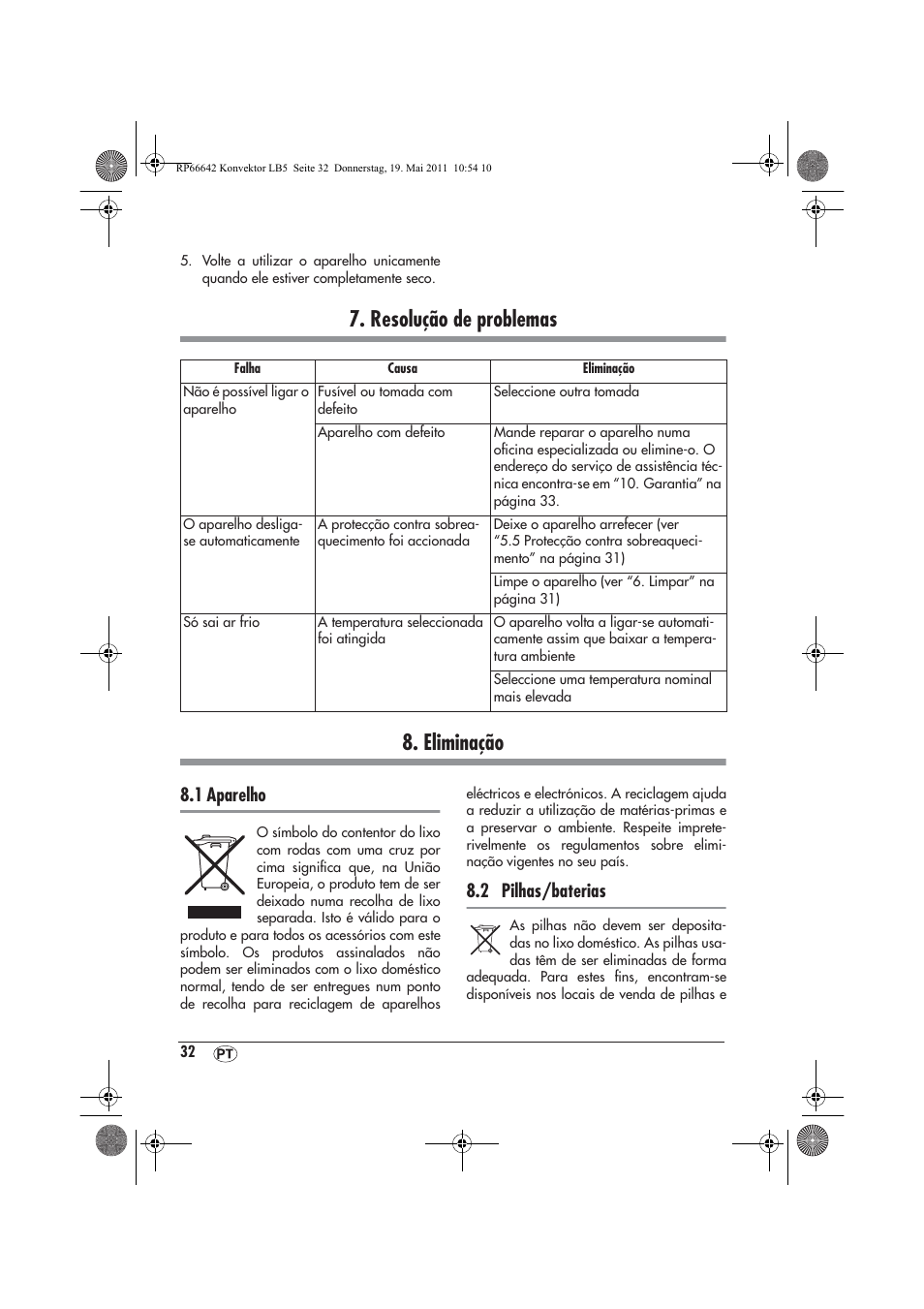 Resolução de problemas 8. eliminação, 1 aparelho, 2 pilhas/baterias | Silvercrest SKT 2300 A1 User Manual | Page 34 / 58