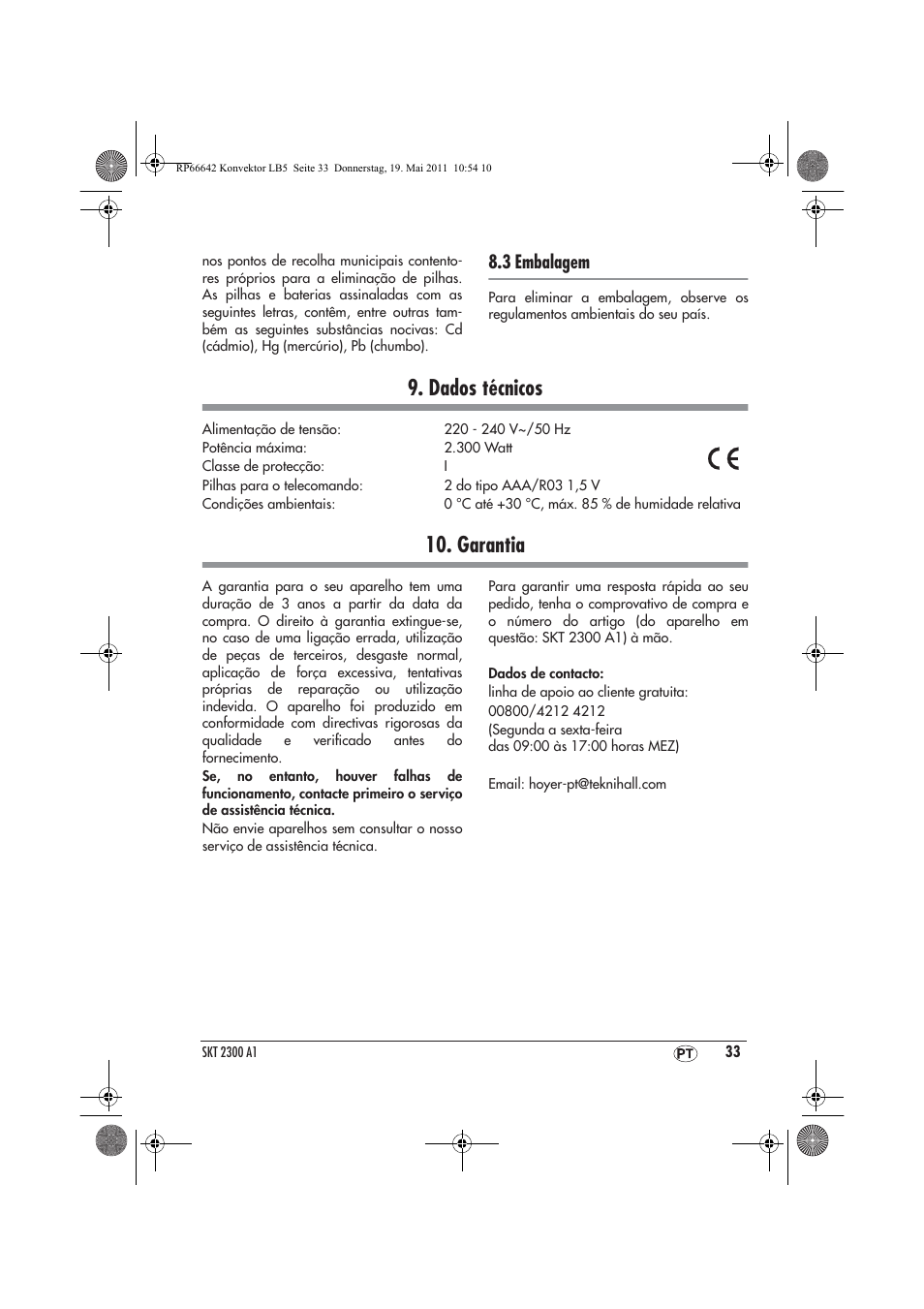Dados técnicos, Garantia, 3 embalagem | Silvercrest SKT 2300 A1 User Manual | Page 35 / 58