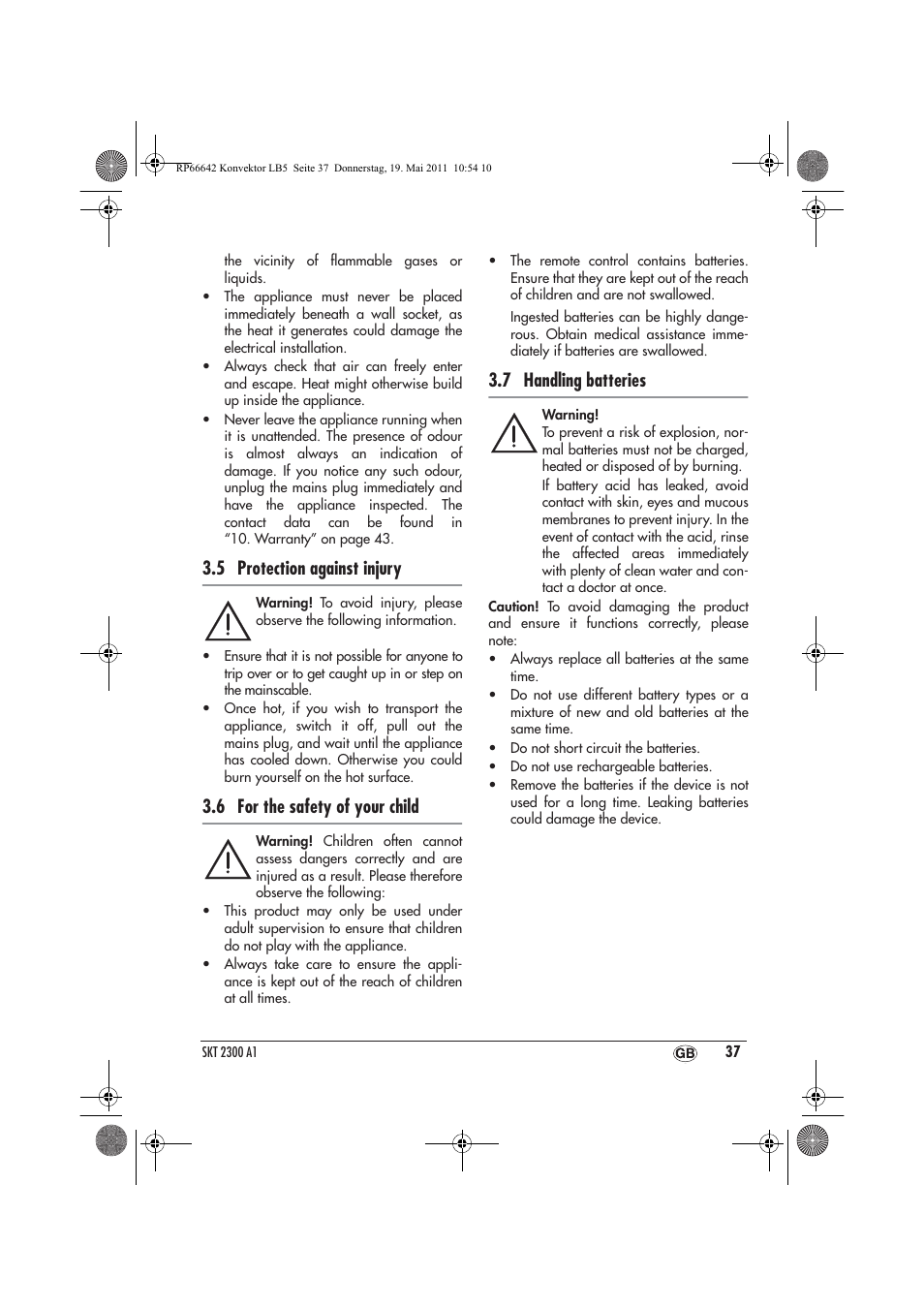 5 protection against injury, 6 for the safety of your child, 7 handling batteries | Silvercrest SKT 2300 A1 User Manual | Page 39 / 58
