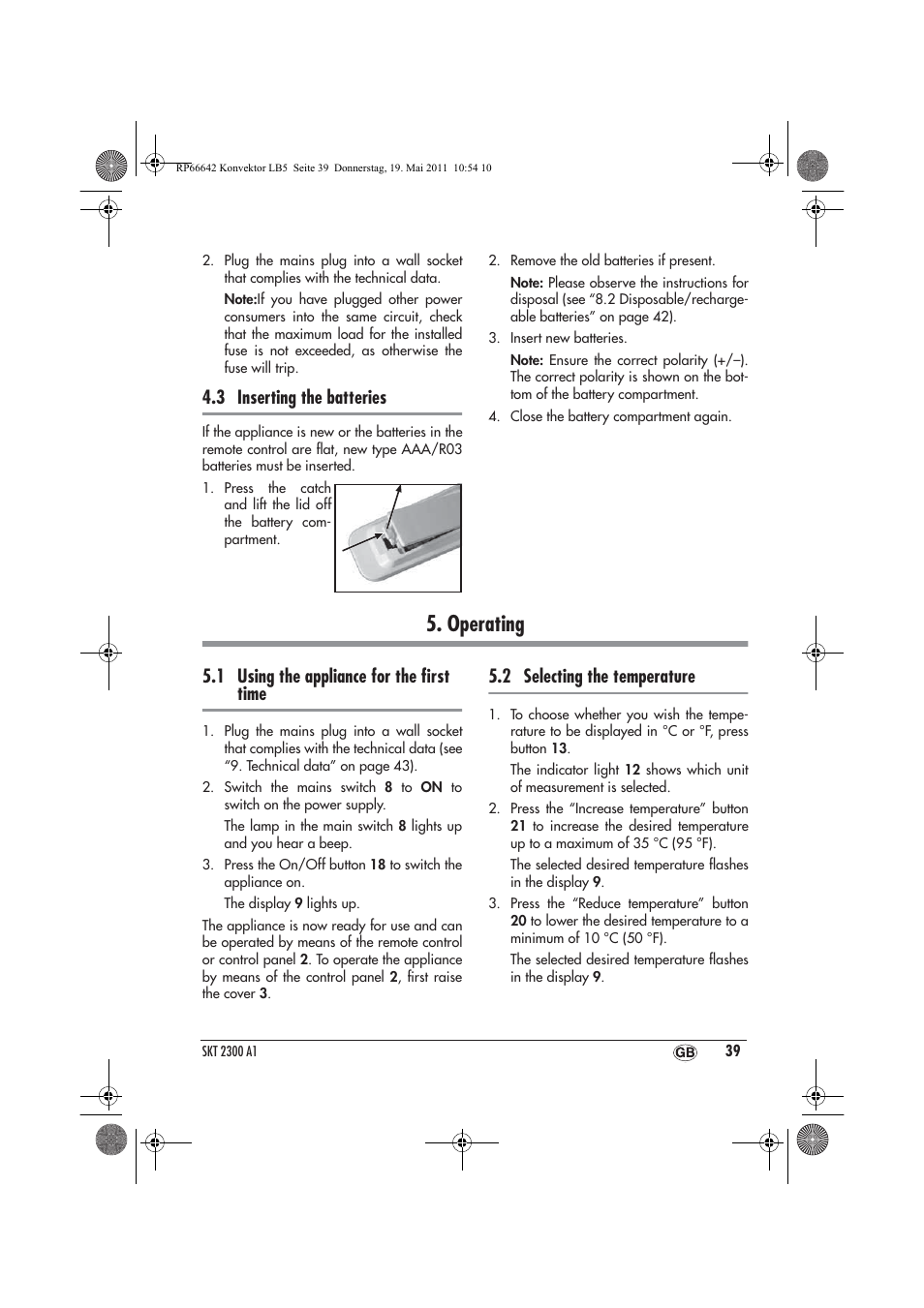 Operating, 3 inserting the batteries, 1 using the appliance for the ﬁrst time | 2 selecting the temperature | Silvercrest SKT 2300 A1 User Manual | Page 41 / 58