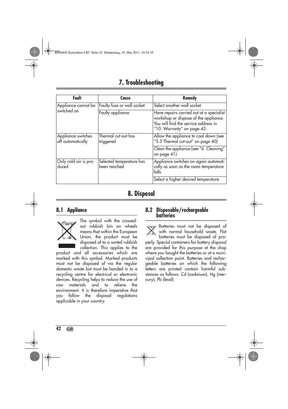 Troubleshooting 8. disposal, 1 appliance, 2 disposable/rechargeable batteries | Silvercrest SKT 2300 A1 User Manual | Page 44 / 58