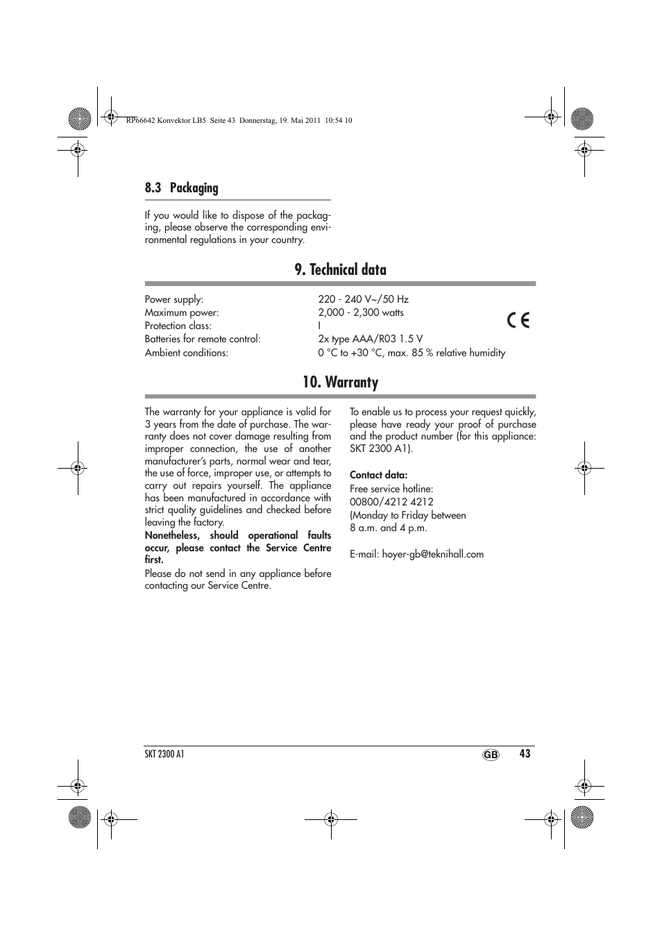 Technical data, Warranty, 3 packaging | Silvercrest SKT 2300 A1 User Manual | Page 45 / 58
