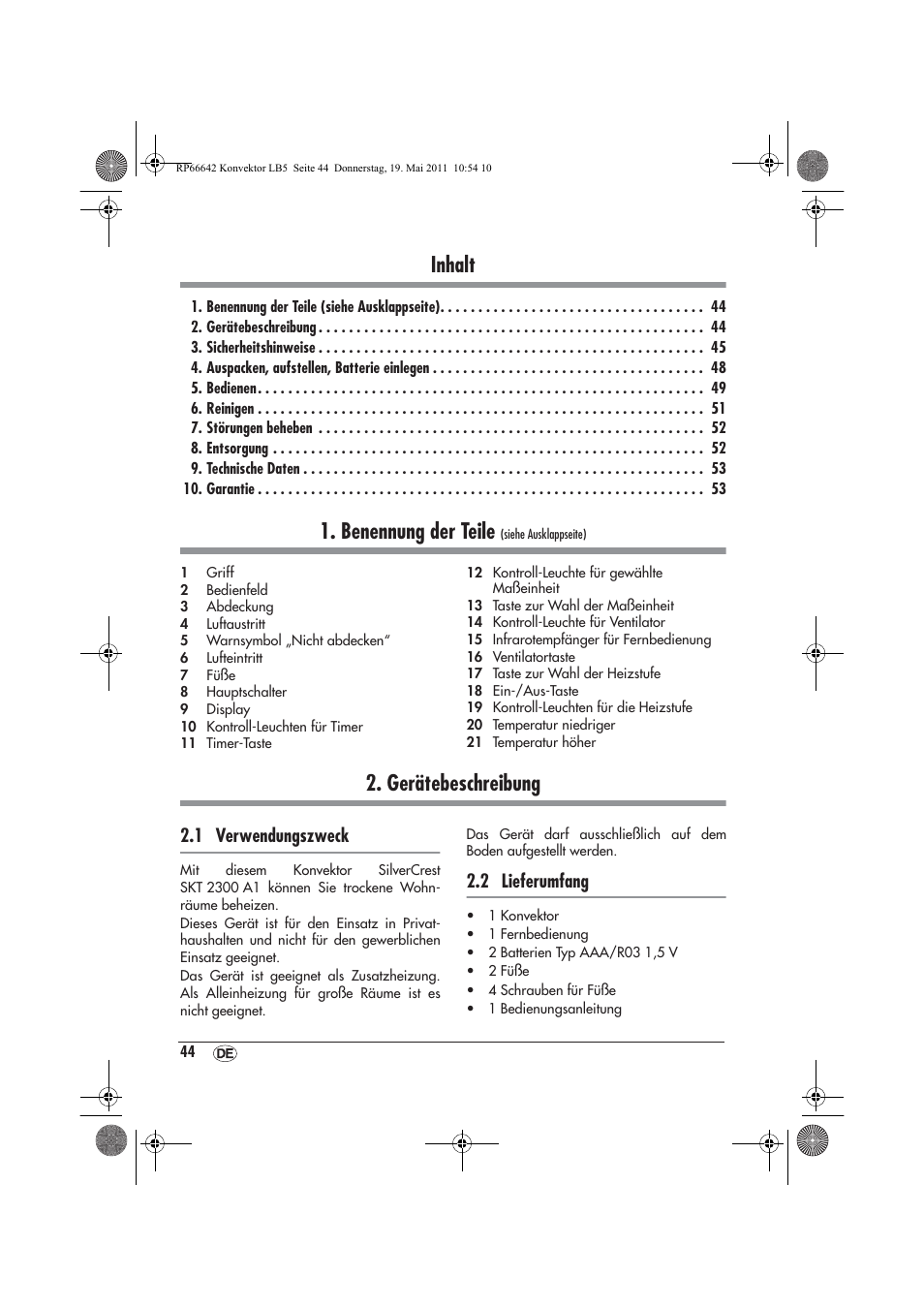 Inhalt, Benennung der teile, Gerätebeschreibung | 1 verwendungszweck, 2 lieferumfang | Silvercrest SKT 2300 A1 User Manual | Page 46 / 58