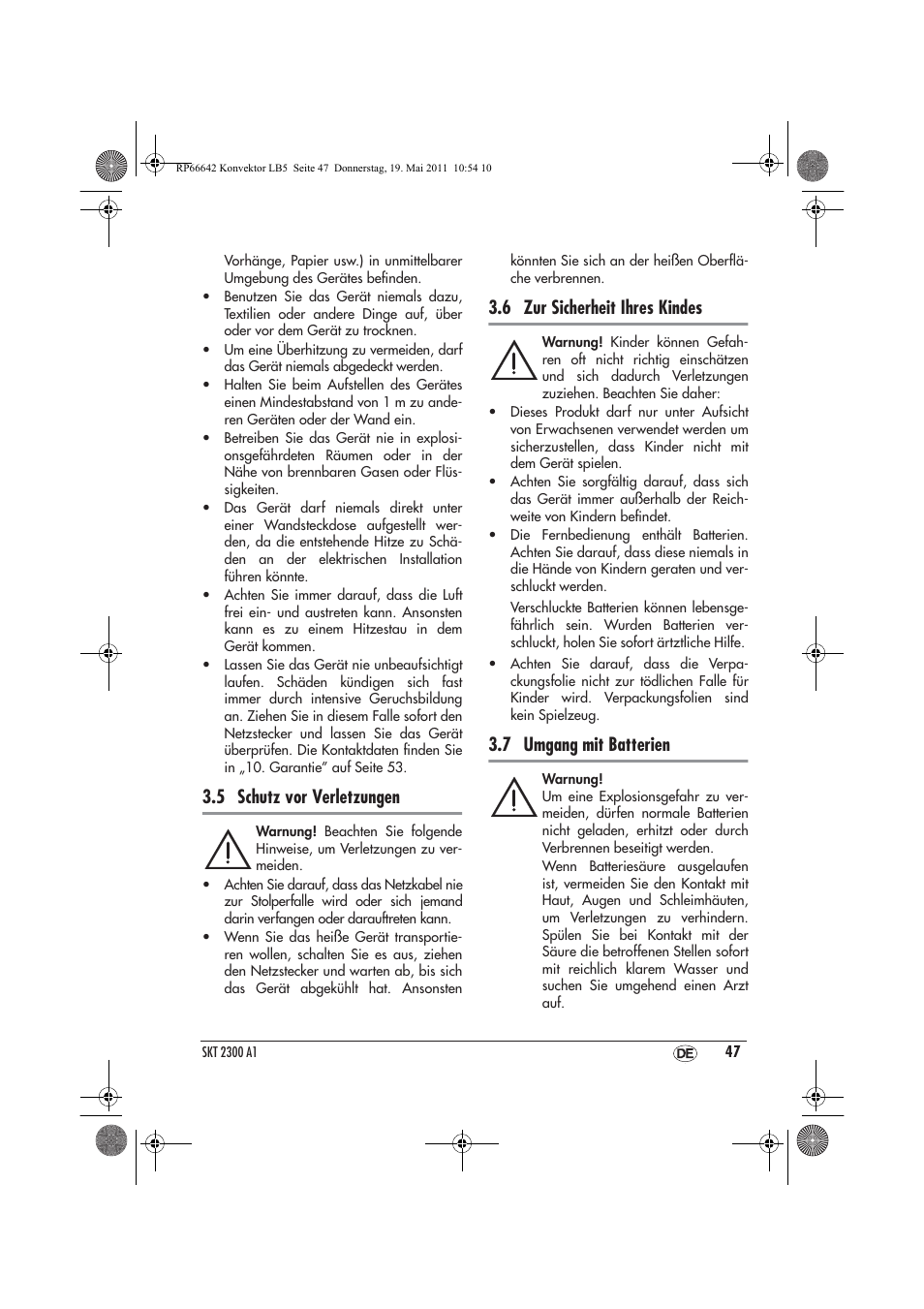 5 schutz vor verletzungen, 6 zur sicherheit ihres kindes, 7 umgang mit batterien | Silvercrest SKT 2300 A1 User Manual | Page 49 / 58