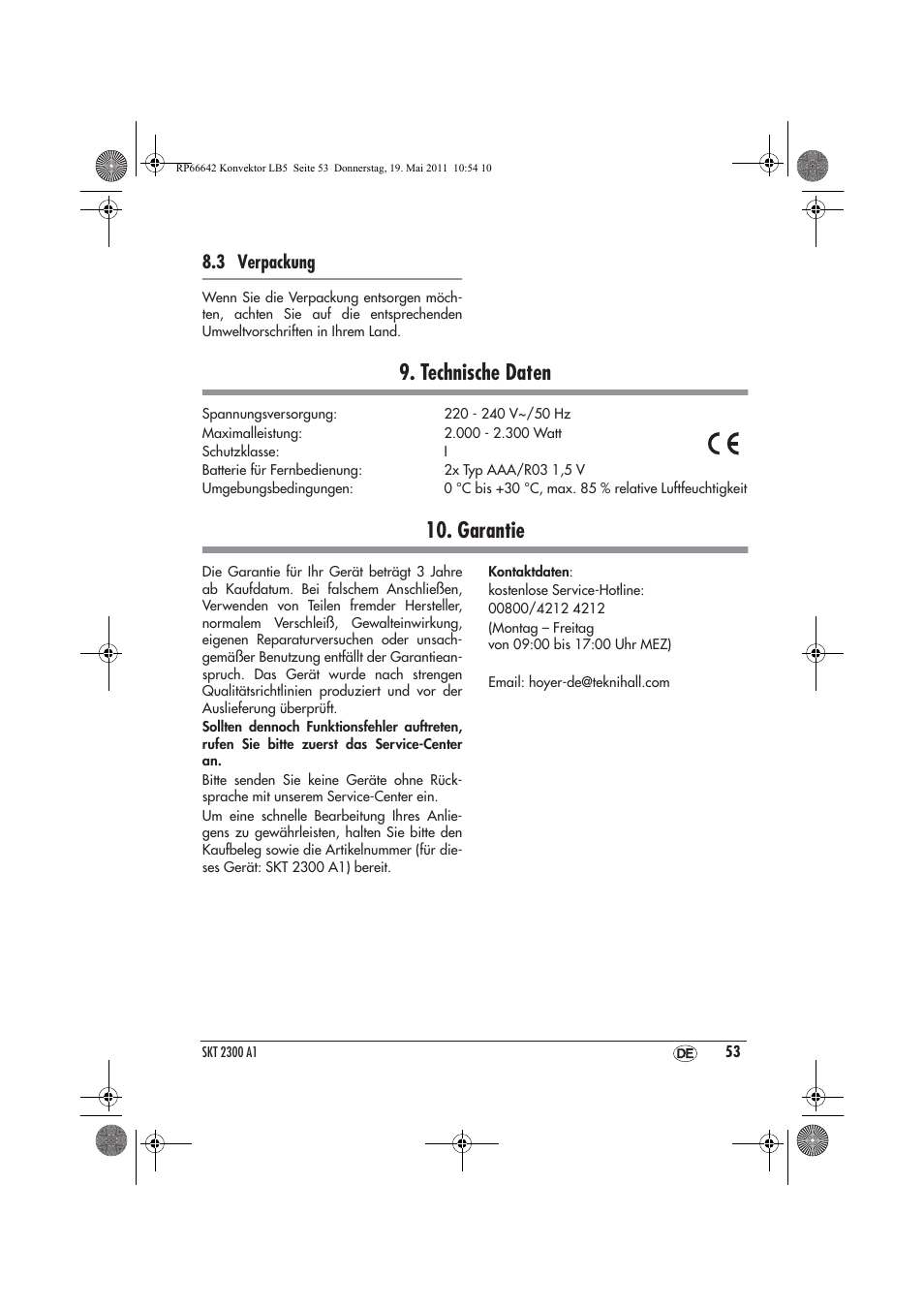 Technische daten, Garantie, 3 verpackung | Silvercrest SKT 2300 A1 User Manual | Page 55 / 58