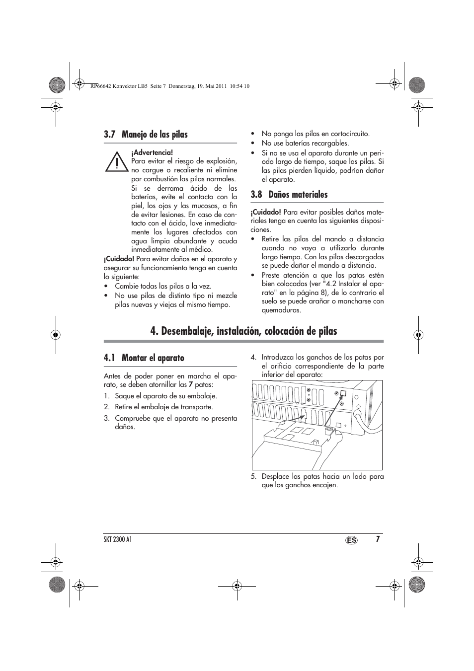 Desembalaje, instalación, colocación de pilas, 7 manejo de las pilas, 8 daños materiales | 1 montar el aparato | Silvercrest SKT 2300 A1 User Manual | Page 9 / 58