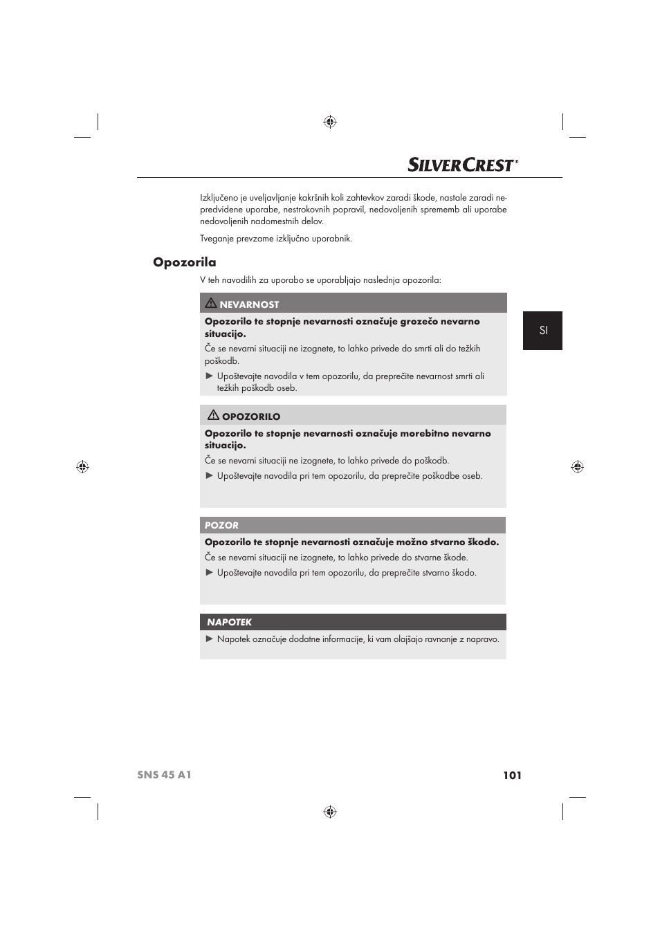 Opozorila | Silvercrest SNS 45 A1 User Manual | Page 101 / 194