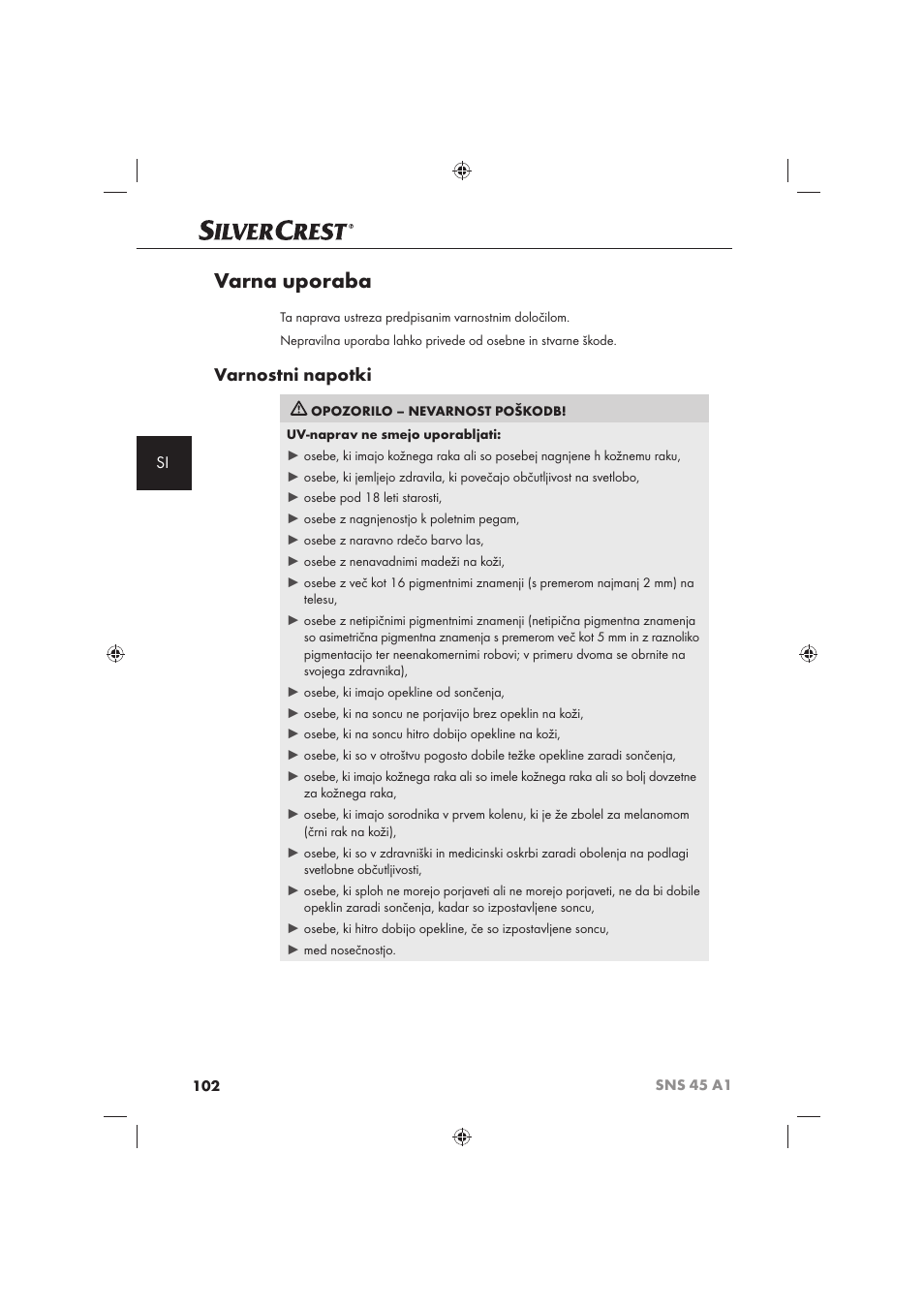 Varna uporaba, Varnostni napotki | Silvercrest SNS 45 A1 User Manual | Page 102 / 194