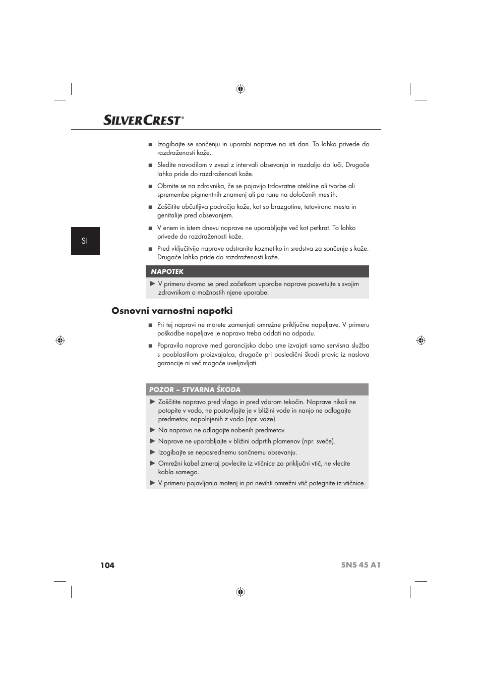 Osnovni varnostni napotki | Silvercrest SNS 45 A1 User Manual | Page 104 / 194