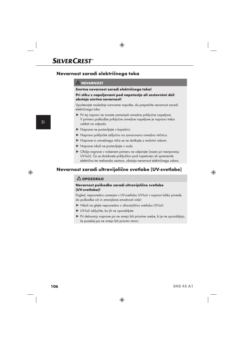 Nevarnost zaradi električnega toka | Silvercrest SNS 45 A1 User Manual | Page 106 / 194