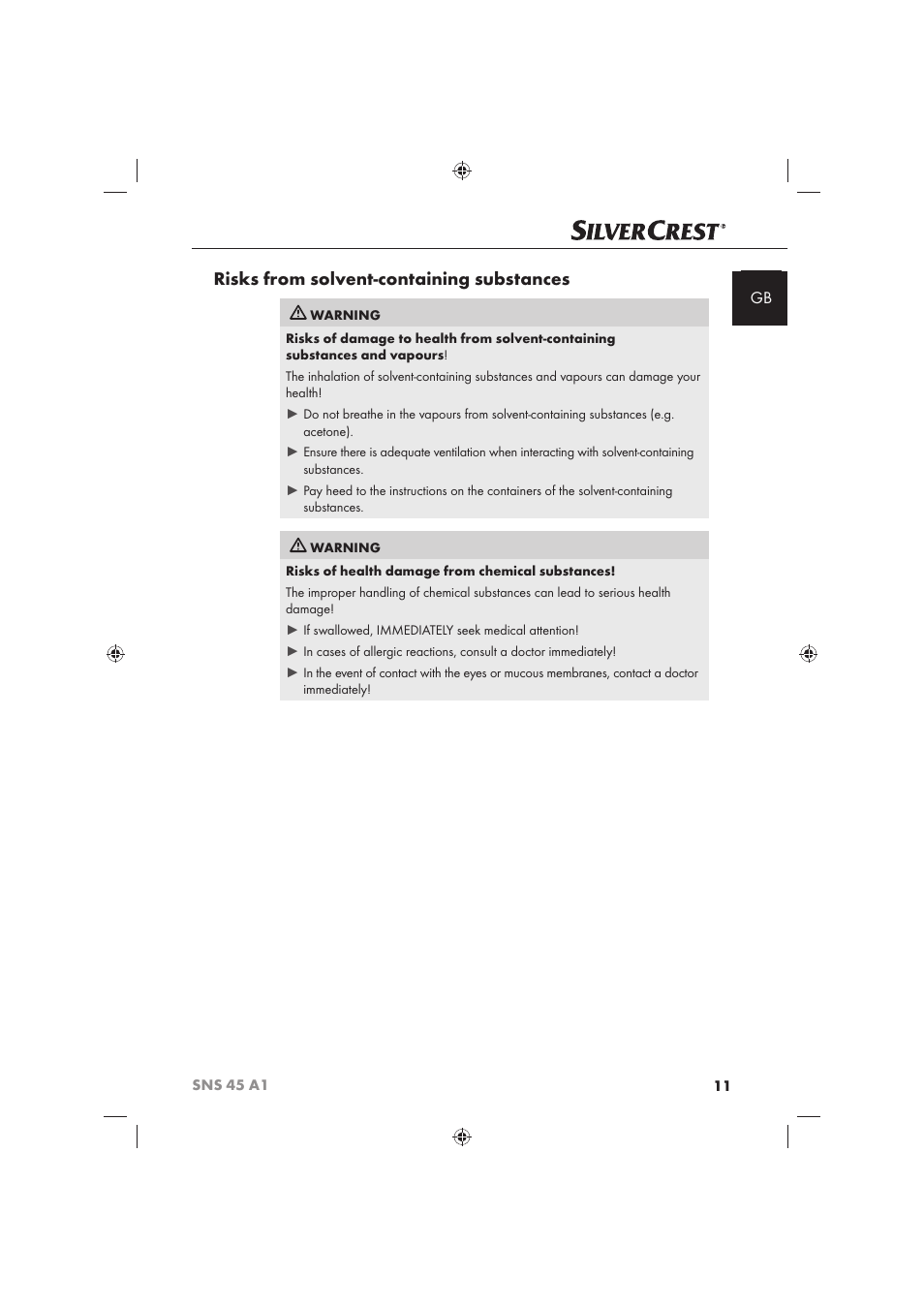 Risks from solvent-containing substances | Silvercrest SNS 45 A1 User Manual | Page 11 / 194