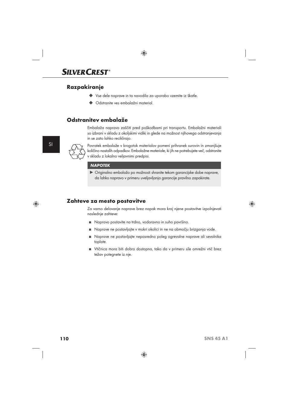 Razpakiranje, Odstranitev embalaže, Zahteve za mesto postavitve | Silvercrest SNS 45 A1 User Manual | Page 110 / 194