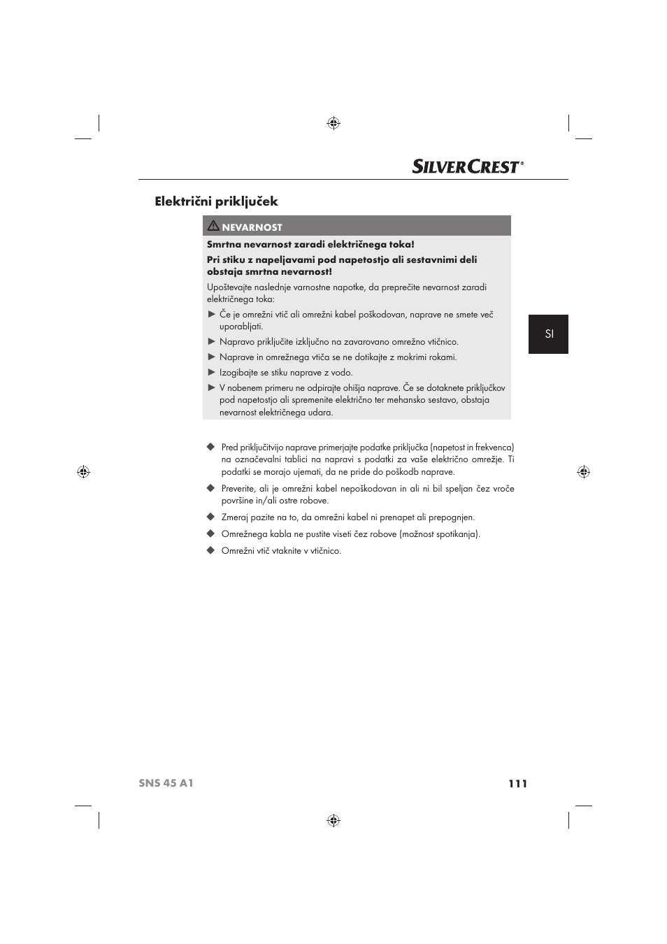 Električni priključek | Silvercrest SNS 45 A1 User Manual | Page 111 / 194